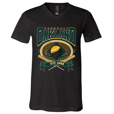 Oakland Baseball Home Plate & Bat Script Fan V-Neck T-Shirt