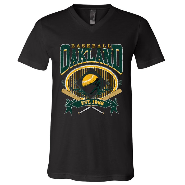 Oakland Baseball Home Plate & Bat Script Fan V-Neck T-Shirt