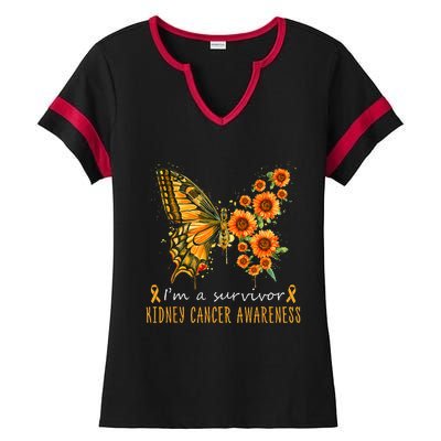 Orange Butterfly Im A Survivor Kidney Cancer Awareness Ladies Halftime Notch Neck Tee