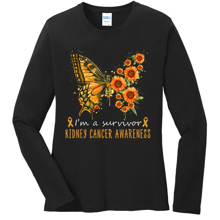 Orange Butterfly Im A Survivor Kidney Cancer Awareness Ladies Long Sleeve Shirt