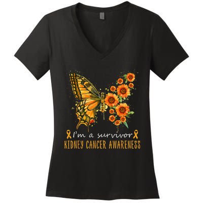 Orange Butterfly Im A Survivor Kidney Cancer Awareness Women's V-Neck T-Shirt