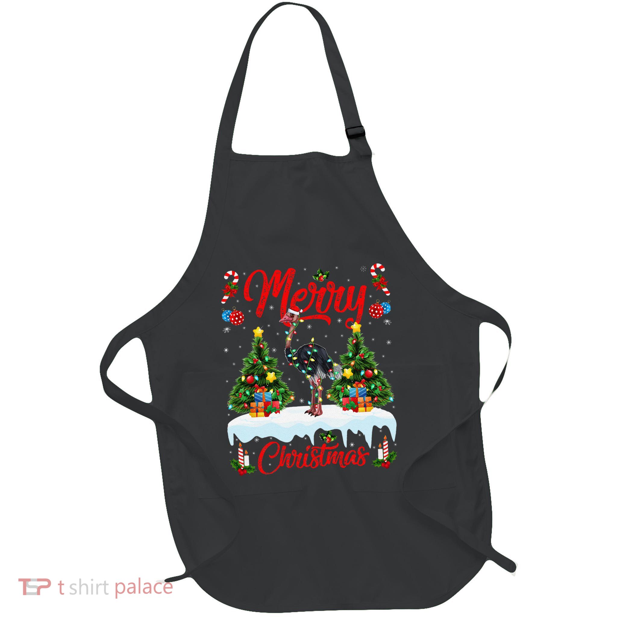 Ostrich Bird Merry Christmas Tree Lights Santa Ostrich Xmas Full-Length Apron With Pockets