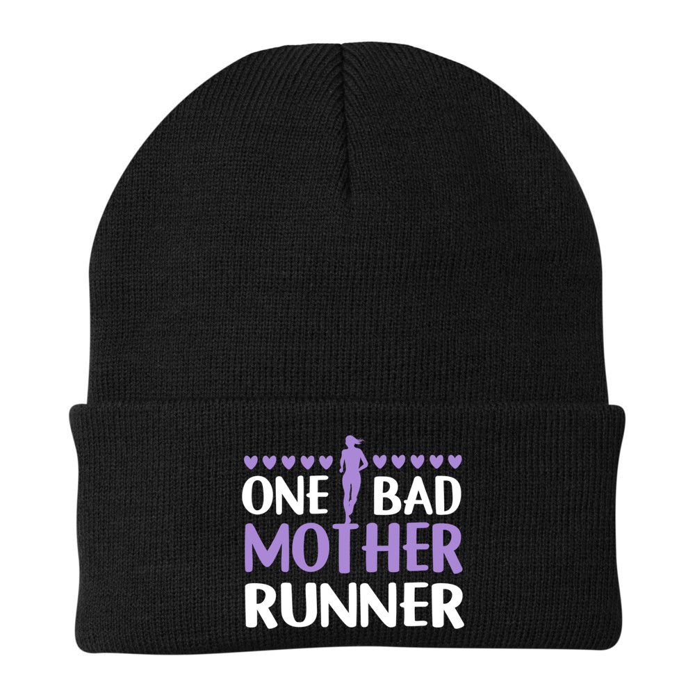One Bad Mother Track Field Running Mom Marathon Runner Mama Gift Beanie