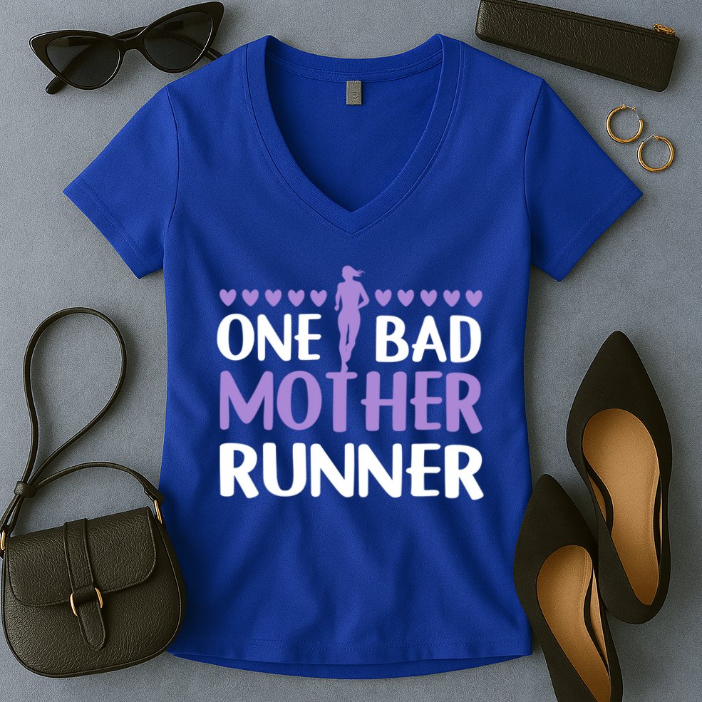 One Bad Mother Track Field Running Mom Marathon Runner Mama Gift Women's V-Neck T-Shirt