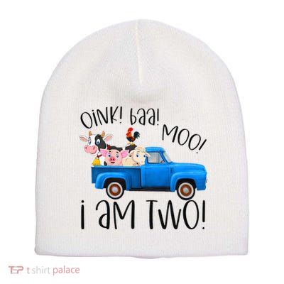 Oink Baa Moo I Am Two Farm Animals Blue Truck Short Acrylic Beanie