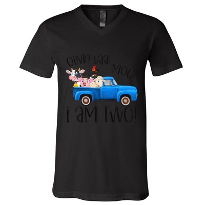 Oink Baa Moo I Am Two Farm Animals Blue Truck Birthday Boy V-Neck T-Shirt
