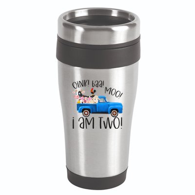 Oink Baa Moo I Am Two Farm Animals Blue Truck Birthday Boy 16oz Travel Tumbler