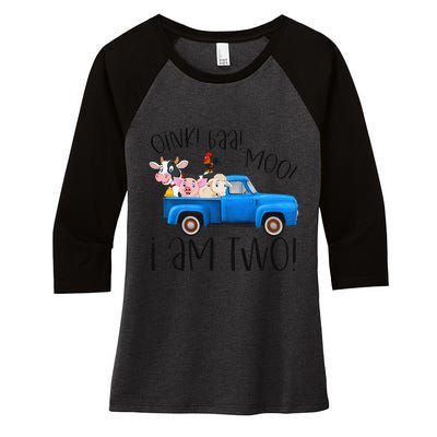 Oink Baa Moo I Am Two Farm Animals Blue Truck Birthday Boy Women's Tri-Blend 3/4-Sleeve Raglan Shirt
