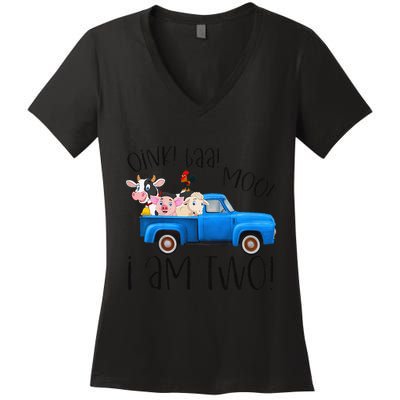 Oink Baa Moo I Am Two Farm Animals Blue Truck Birthday Boy Women's V-Neck T-Shirt