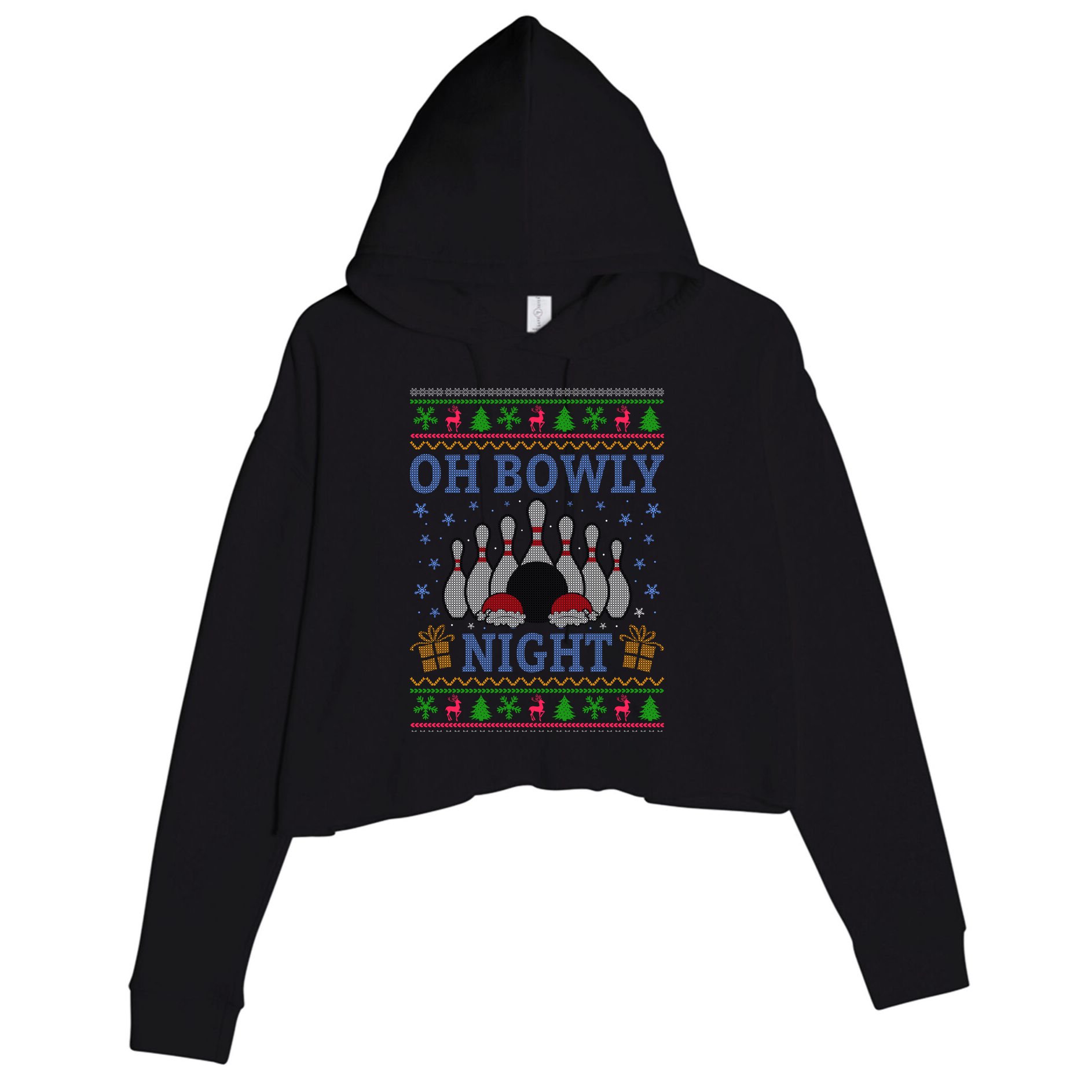 Oh Bowly Night Bowling Ugly Christmas Crop Fleece Hoodie