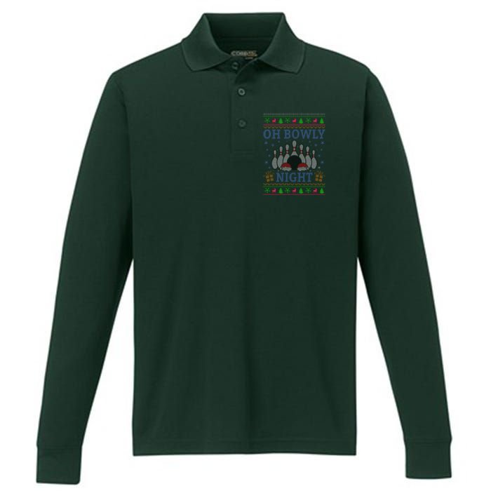 Oh Bowly Night Bowling Ugly Christmas Performance Long Sleeve Polo