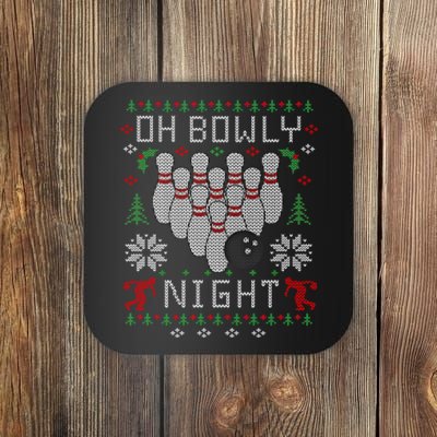 Oh Bowly Night Bowling Ugly Christmas Sweater Party Gift Funny Gift Coaster