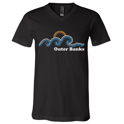 Outer Banks North Carolina Sufing Waves Sunset Beach Vintage V-Neck T-Shirt