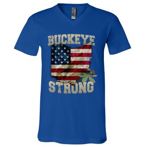 Ohio Buckeye Strong Ohio Usa Flag Overlay Gift V-Neck T-Shirt