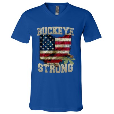 Ohio Buckeye Strong Ohio Usa Flag Overlay Gift V-Neck T-Shirt