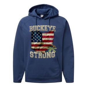 Ohio Buckeye Strong Ohio Usa Flag Overlay Gift Performance Fleece Hoodie