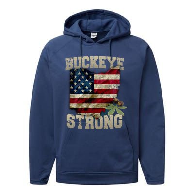 Ohio Buckeye Strong Ohio Usa Flag Overlay Gift Performance Fleece Hoodie