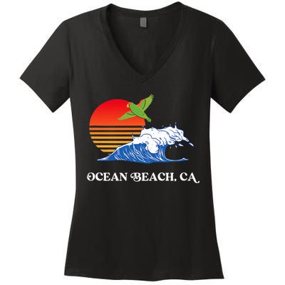 Ocean Beach San Diego California Sunset Ob Parrot Women's V-Neck T-Shirt
