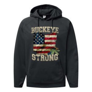 Ohio Buckeye Strong Ohio USA Flag Overlay Performance Fleece Hoodie