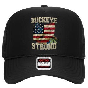 Ohio Buckeye Strong Ohio USA Flag Overlay High Crown Mesh Back Trucker Hat