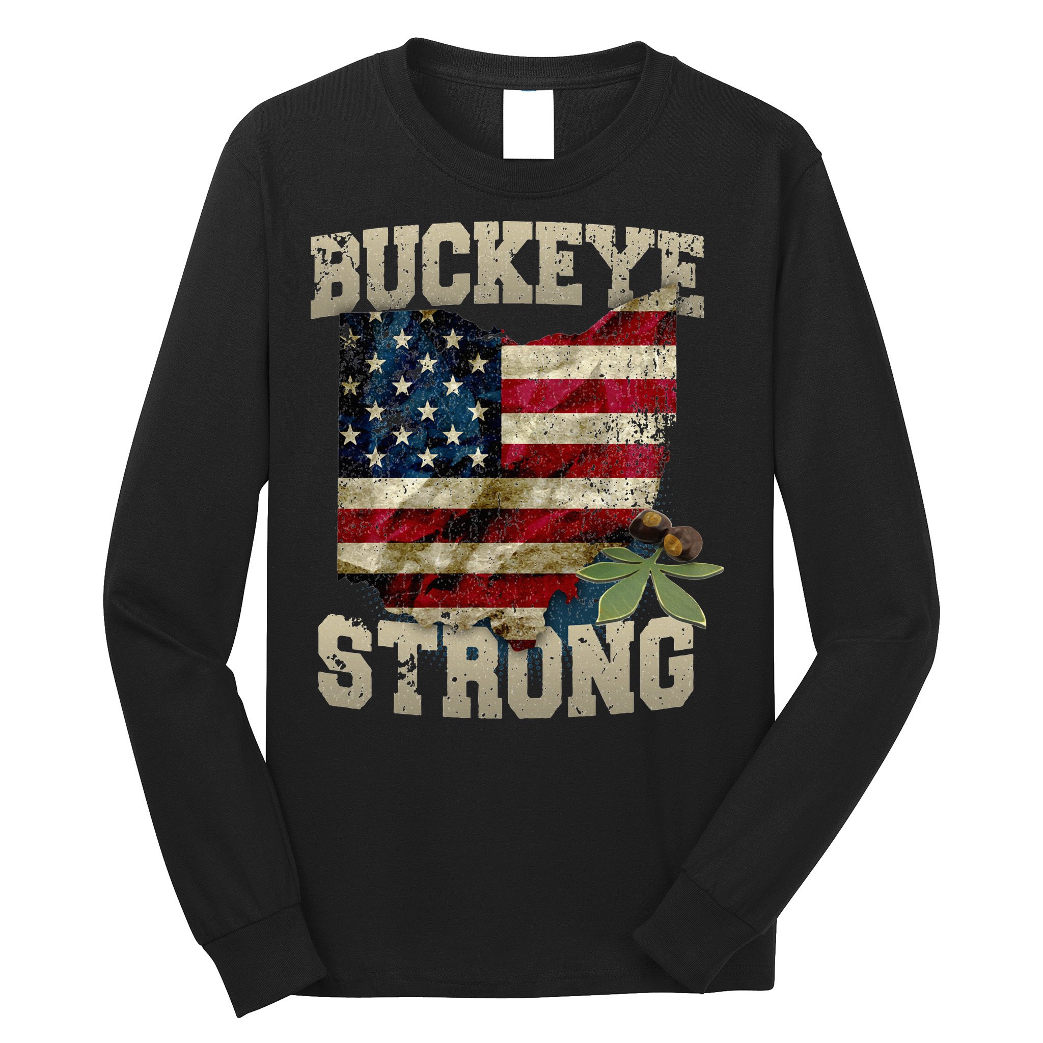 Ohio Buckeye Strong Ohio USA Flag Overlay Long Sleeve Shirt