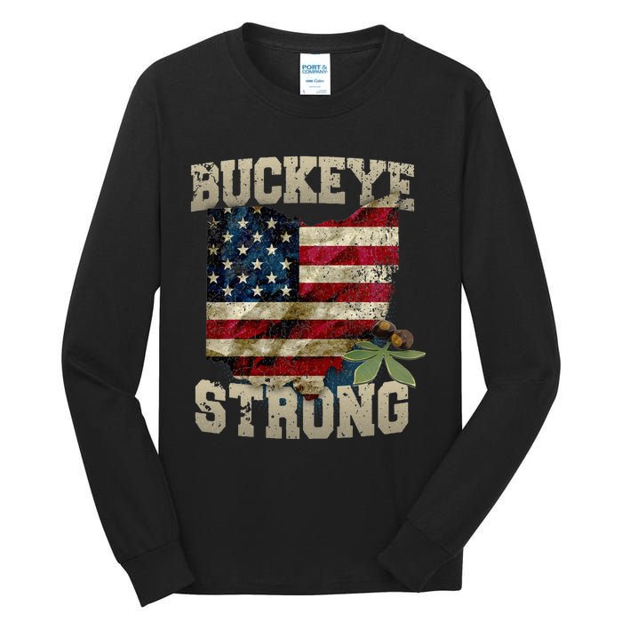 Ohio Buckeye Strong Ohio USA Flag Overlay Tall Long Sleeve T-Shirt