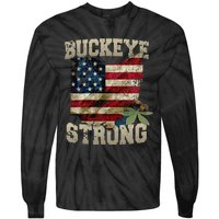 Ohio Buckeye Strong Ohio USA Flag Overlay Tie-Dye Long Sleeve Shirt