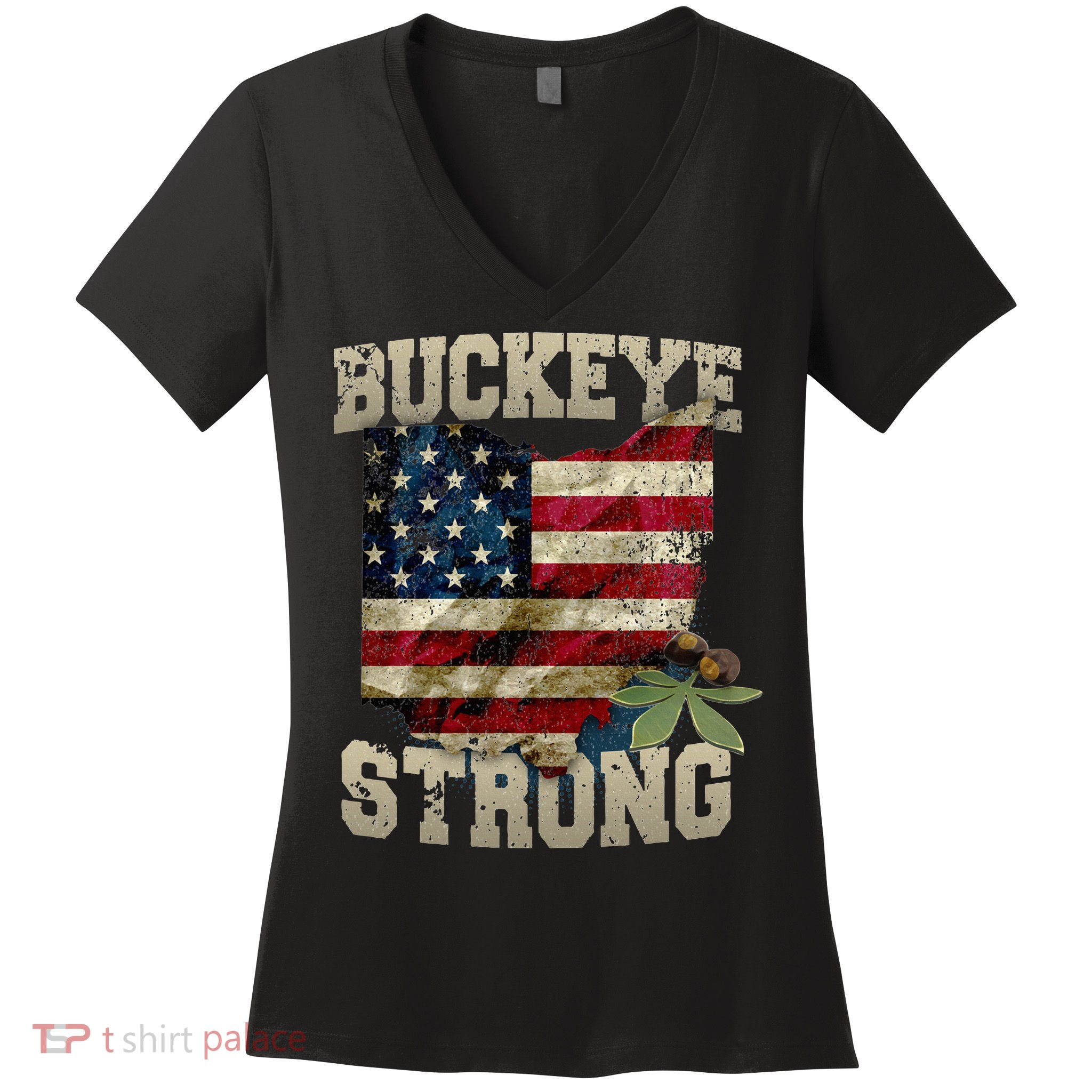 Ohio Buckeye Strong Ohio USA Flag Overlay Women's V-Neck T-Shirt