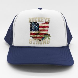 Ohio Buckeye Strong Ohio USA Flag Overlay Trucker Hat