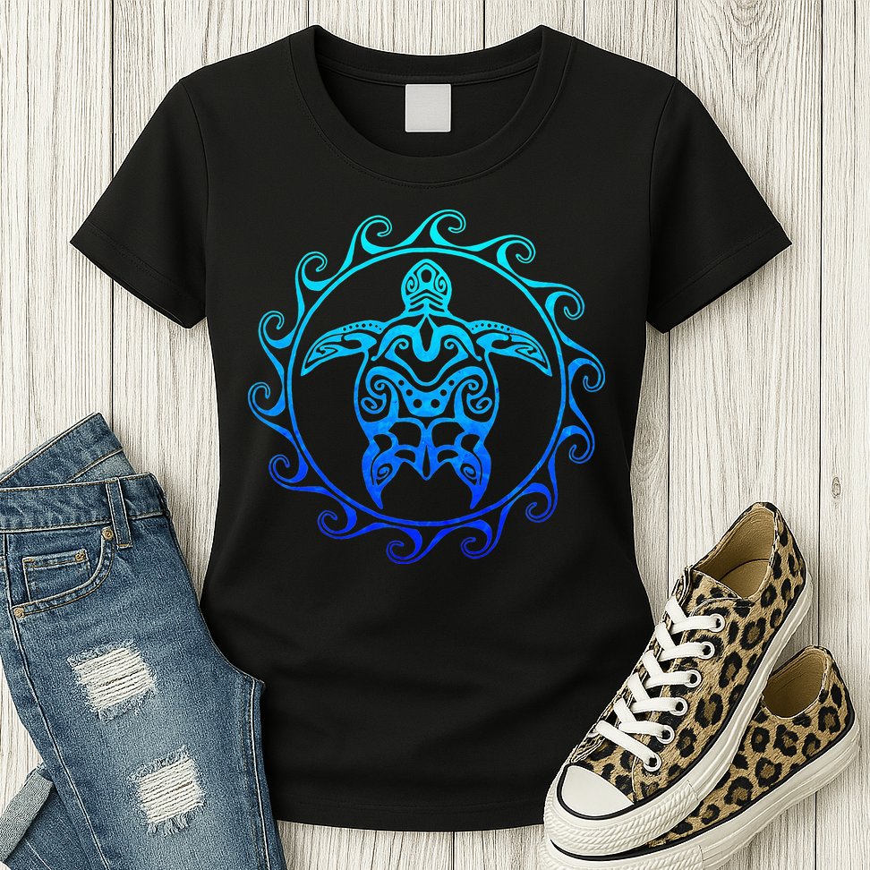Ocean Blue Tribal Hawaiian Sea Turtle Womens T-Shirt