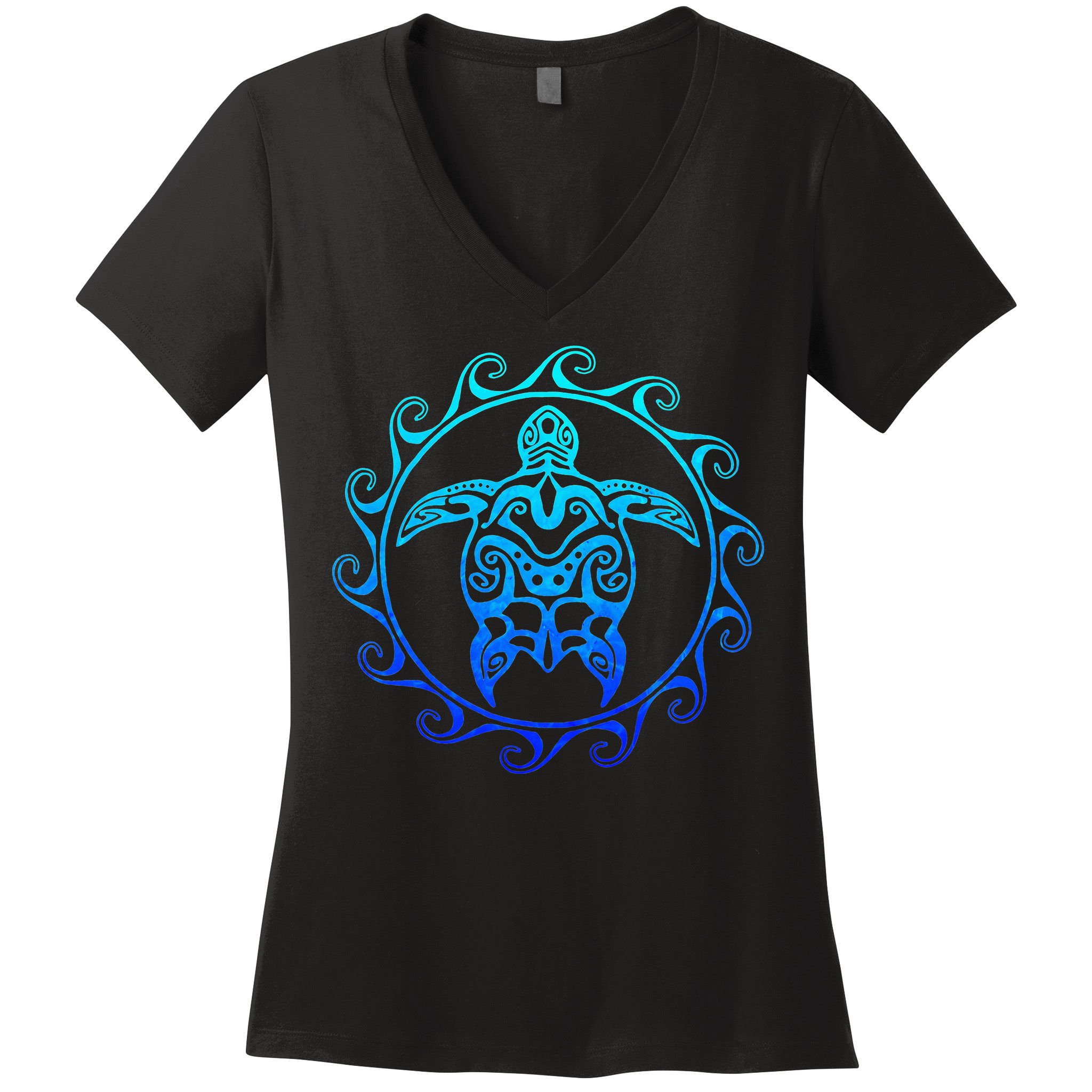 Ocean Blue Tribal Hawaiian Sea Turtle Women's V-Neck T-Shirt