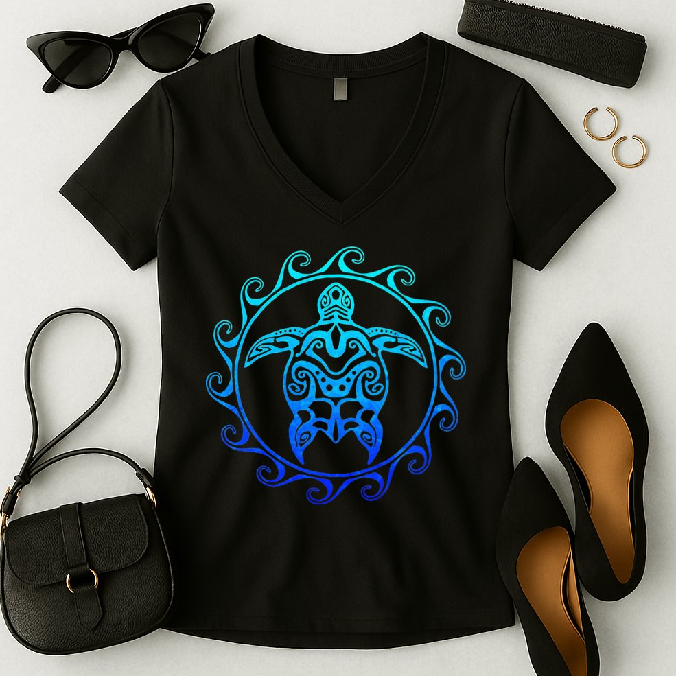 Ocean Blue Tribal Hawaiian Sea Turtle Women's V-Neck T-Shirt
