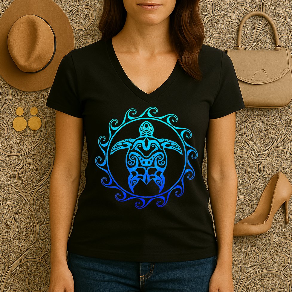 Ocean Blue Tribal Hawaiian Sea Turtle Women's V-Neck T-Shirt