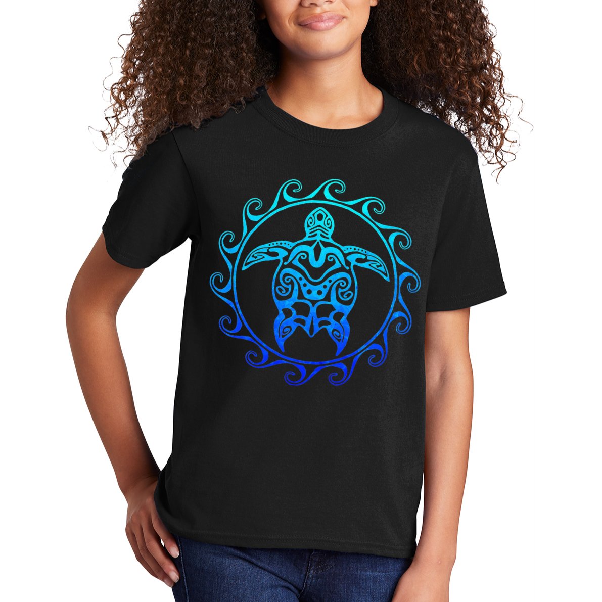 Ocean Blue Tribal Hawaiian Sea Turtle Kids T-Shirt