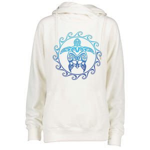 Ocean Blue Tribal Hawaiian Sea Turtle Womens Funnel Neck Pullover Hood