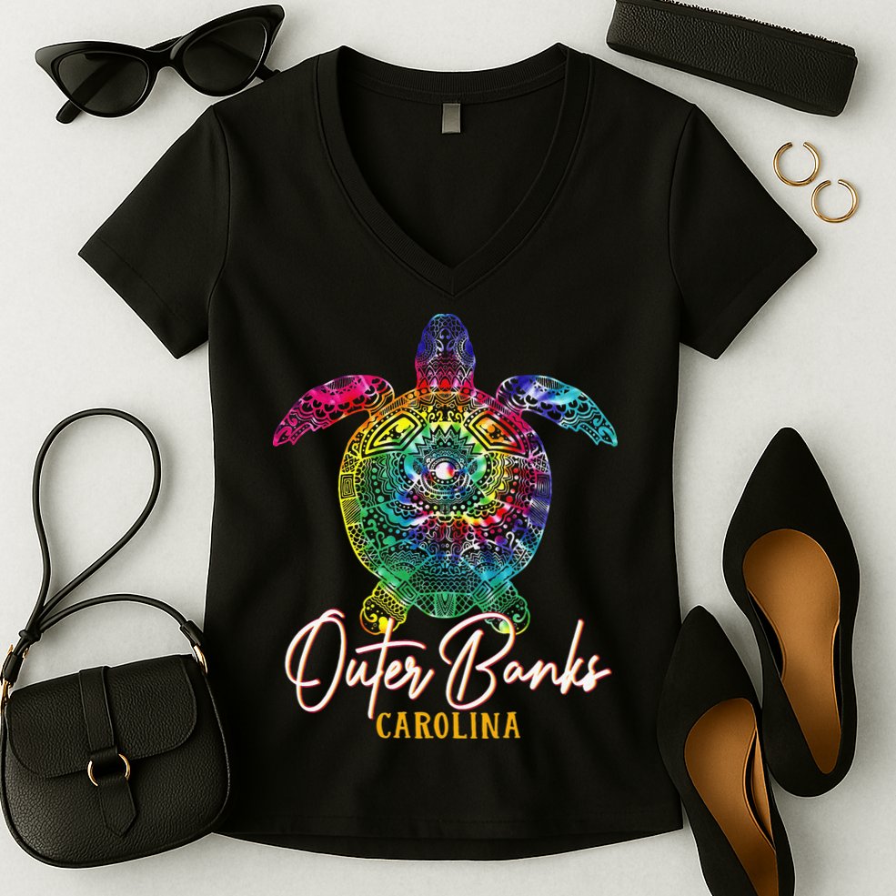 Outer Banks Tie Dye Sea Turtle Carolina Family Vacation Women's V-Neck T-Shirt