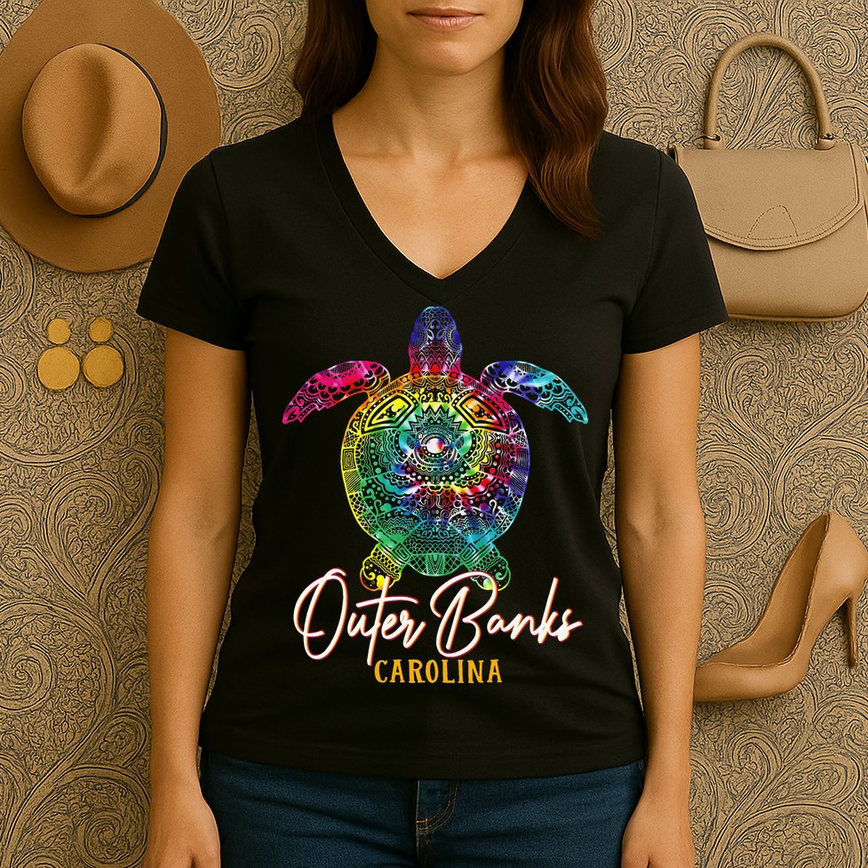 Outer Banks Tie Dye Sea Turtle Carolina Family Vacation Women's V-Neck T-Shirt
