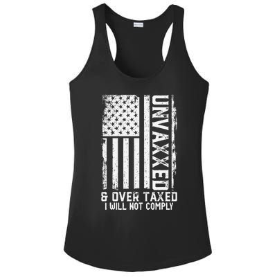 On Back Unvaxxed And Overtaxed Ladies PosiCharge Competitor Racerback Tank