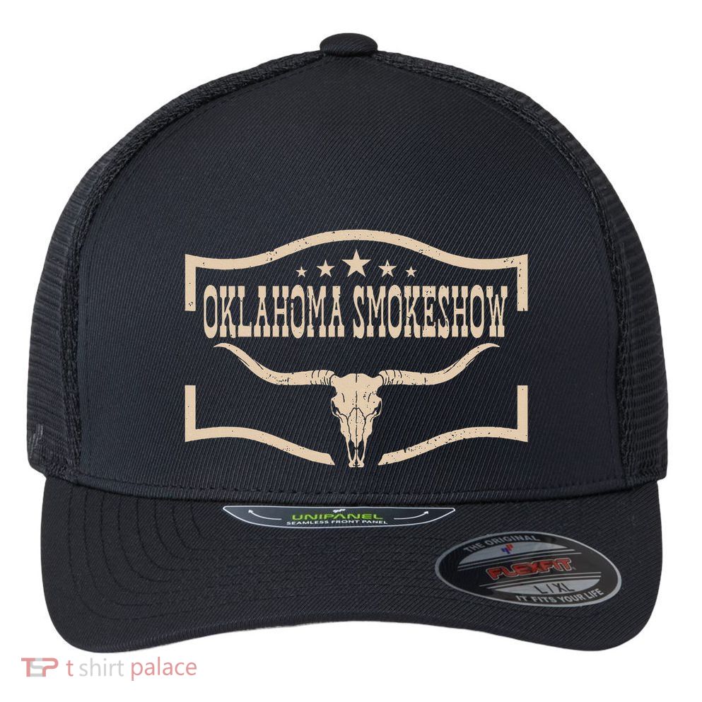 Oklahoma Bullskull With Feathers And Dreamcatcher Smokeshow Flexfit Unipanel Trucker Cap