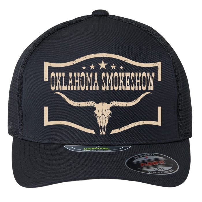 Oklahoma Bullskull With Feathers And Dreamcatcher Smokeshow Flexfit Unipanel Trucker Cap