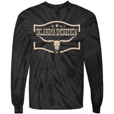 Oklahoma Bullskull With Feathers And Dreamcatcher Smokeshow Tie-Dye Long Sleeve Shirt