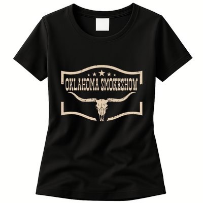 Oklahoma Bullskull With Feathers And Dreamcatcher Smokeshow Womens T-Shirt