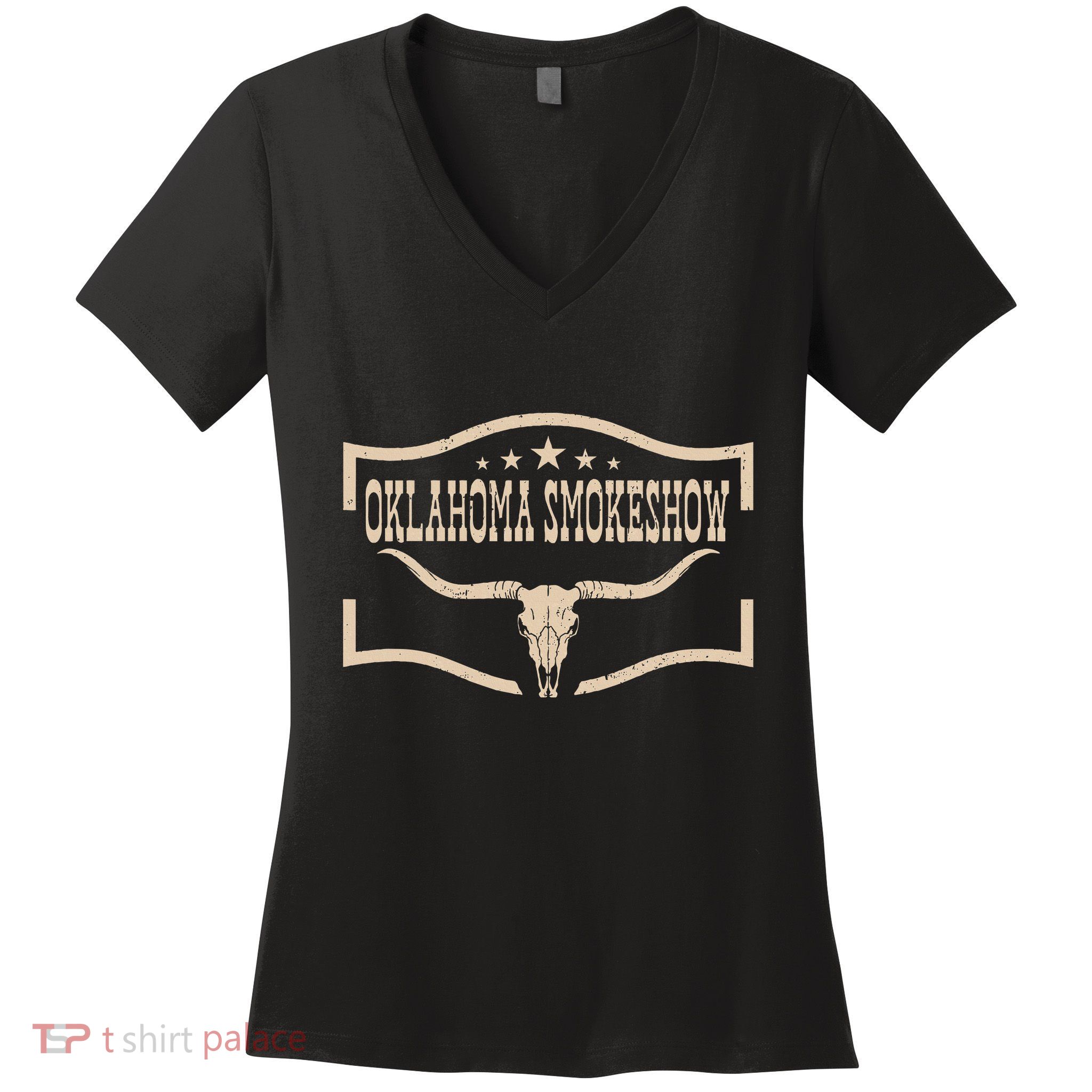Oklahoma Bullskull With Feathers And Dreamcatcher Smokeshow Women's V-Neck T-Shirt