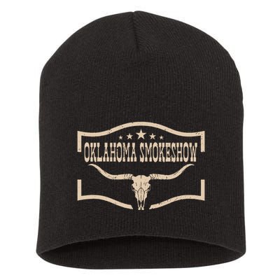 Oklahoma Bullskull With Feathers And Dreamcatcher Smokeshow Short Acrylic Beanie