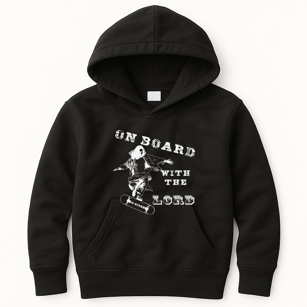 On Board With The Lord Jesus Skateboard Kids Hoodie