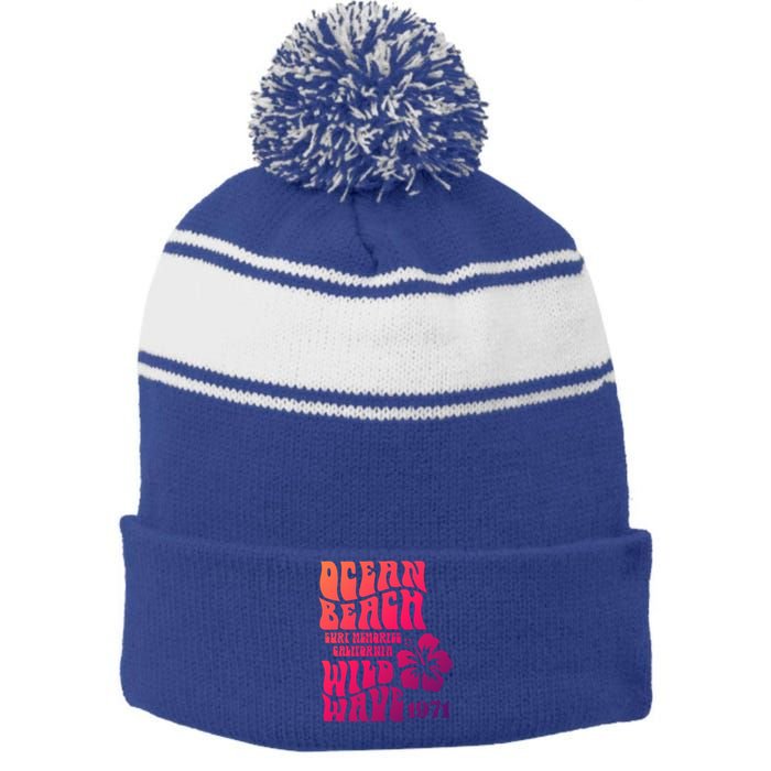 Ocean Beach Wild Wave Surf Memories California Siesta Beach Funny Gift Stripe Pom Pom Beanie