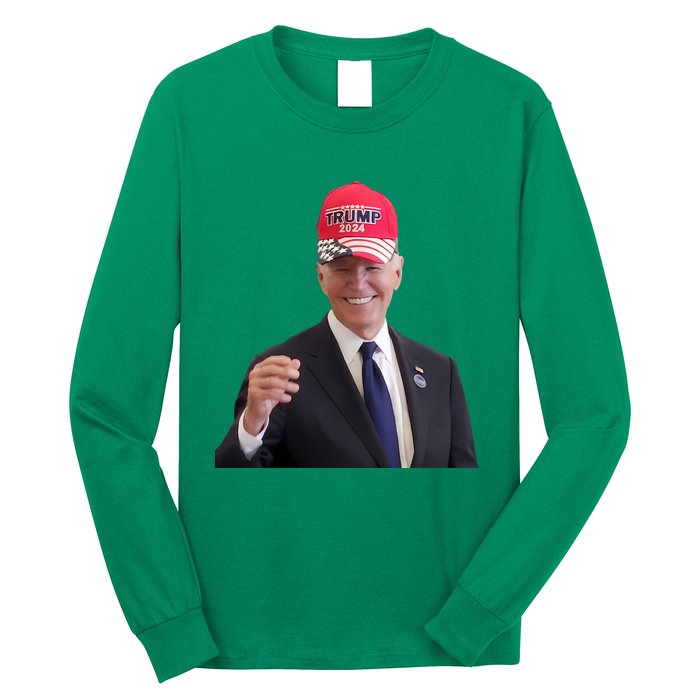 Oe Biden Wearing Trump Hat 2024 President Donald Republican Long Sleeve Shirt