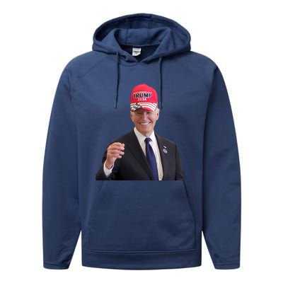 Oe Biden Wearing Trump Hat 2024 President Donald Republican Performance Fleece Hoodie