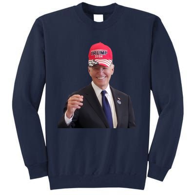 Oe Biden Wearing Trump Hat 2024 President Donald Republican Tall Sweatshirt