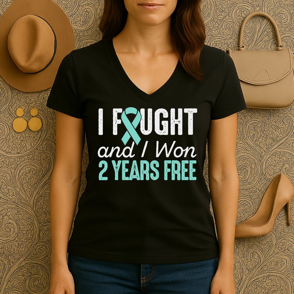 Ovarian Cancerversary 2 Years Ovarian Cancer Free Gift Women's V-Neck T-Shirt